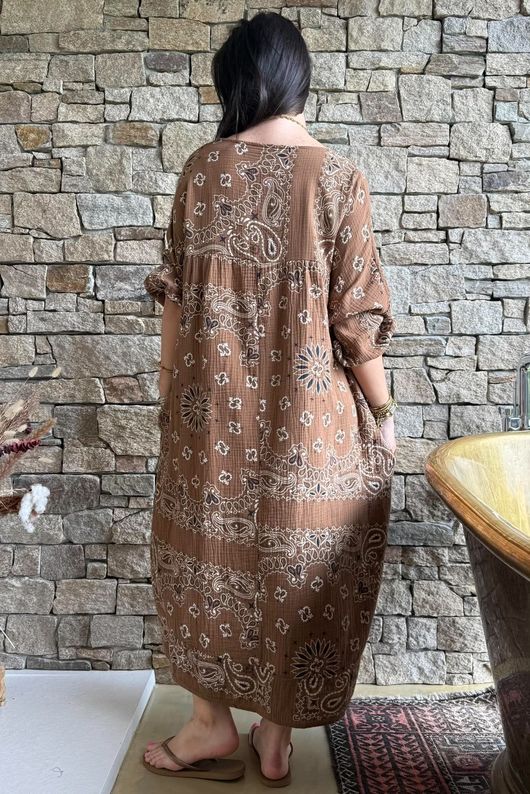 Kasbah Bubble Cotton Bandana Peasant Dress Hazelnut